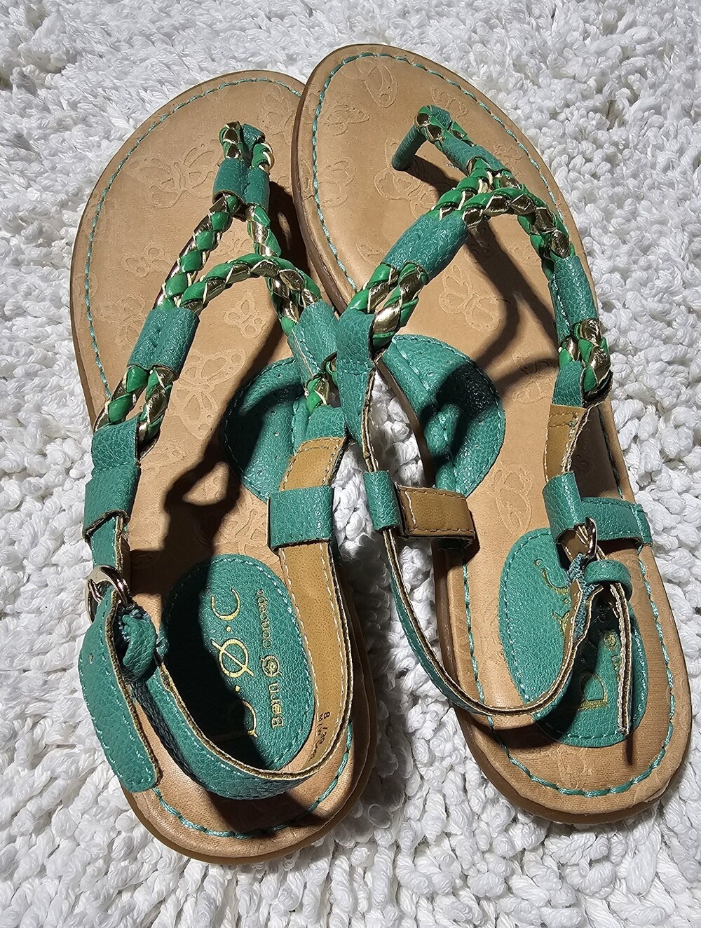 B.O.C. (Born Concepts) teal green/ metallic gold braided T-strap Summer sandals